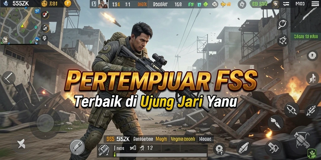Screenshot gameplay 555ZK menampilkan aksi tembak-menembak yang intens.