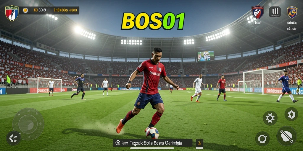Tampilan gameplay BOS01 yang mendebarkan dengan aksi sepak bola nyata.
