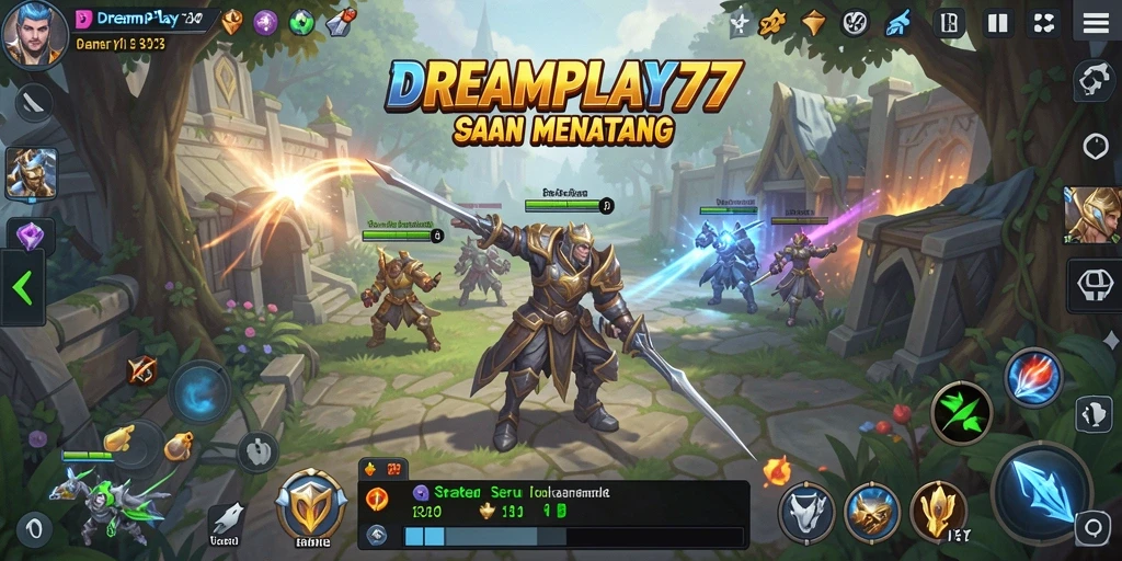 Tampilan dinamis gameplay <strong>DREAMPLAY77</strong> dengan strategi pertempuran yang mendebarkan.