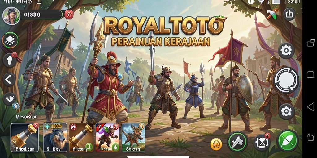 Screenshot ROYALTOTO menampilkan pertahanan tower melawan serangan musuh.