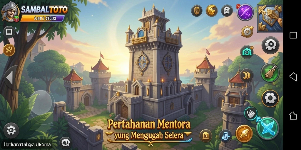 Tampilan gameplay yang menarik dari SAMBALTOTO dengan menara dan musuh.