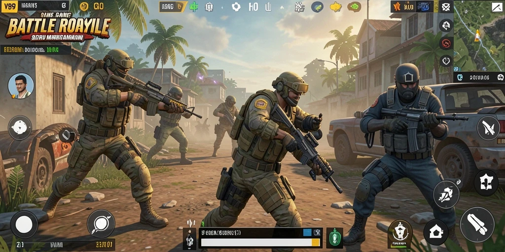 Screenshot V89 menampilkan aksi pertempuran intens dalam mode Battle Royale.